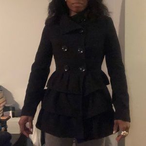 Black pea coat 2Bebe layered ruffles